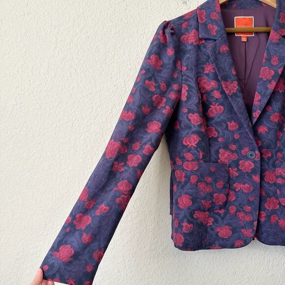 MODCLOTH Blazer Jacket Blue Red Floral Lined Brocade Office Preppy 90s - Picture 5 of 13